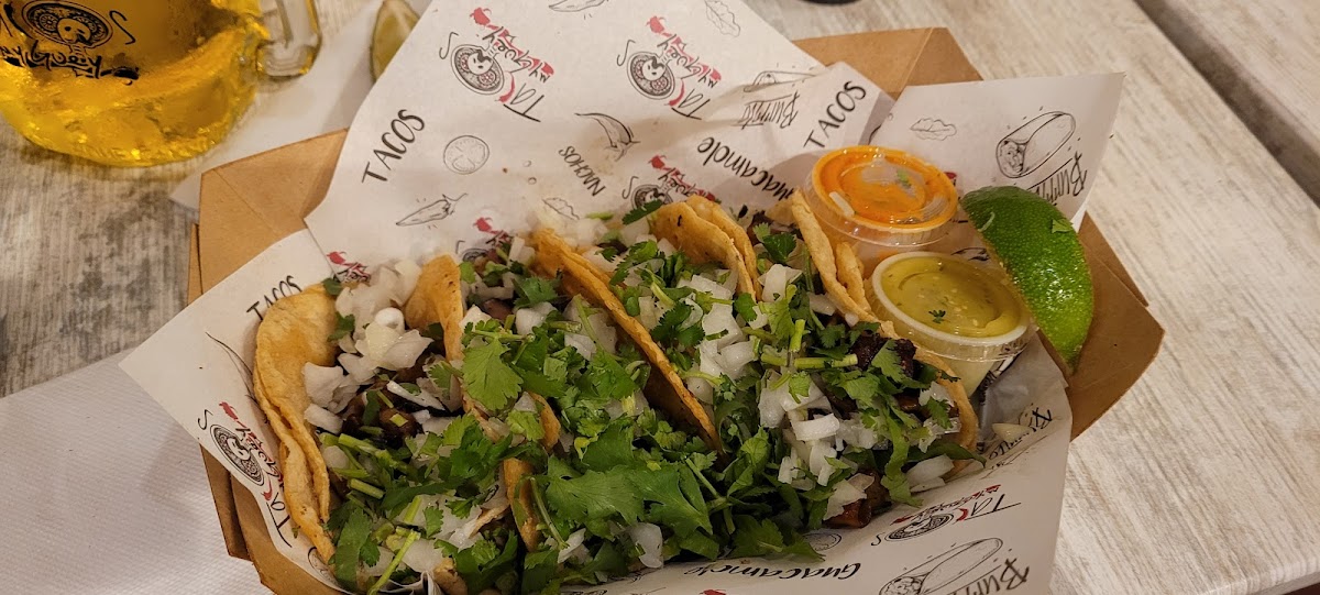 Tacos My Guey signature dishes Four TacosChips and SalsaBirria Tacos Trio